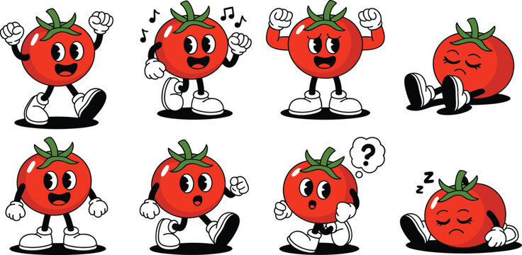 Vintage rubber hose tomato character set featuring various expressive poses in a classic 1930s retro animation style.