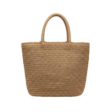 Brown woven straw tote bag isolated on transparent background