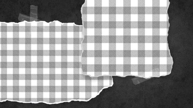 Minimalist animated gingham pattern on torn paper textures. Aesthetic scrapbook collage motion background with black paper background. High quality 16:9 seamless loop for creative social media.