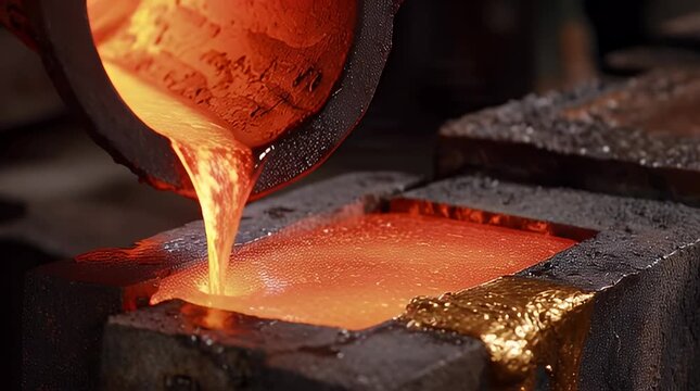 Molten precious metal pouring into an ingot mold, highlighting the intense heat of the industrial casting process