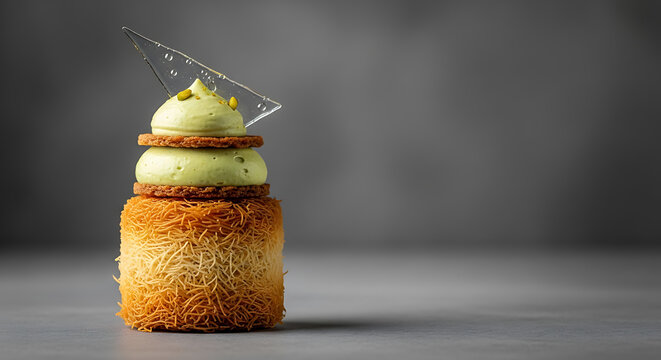 Gourmet kataifi nest with stacked pistachio cream and isomalt decoration