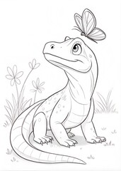 Fototapeta premium Cute Komodo Dragon Outline Sketch with Butterfly for Coloring Book 