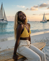 Fototapeta premium A young dark-skinned woman wearing a yellow crochet top and beige pants sits on the beach with sailboats in the background at sunset.