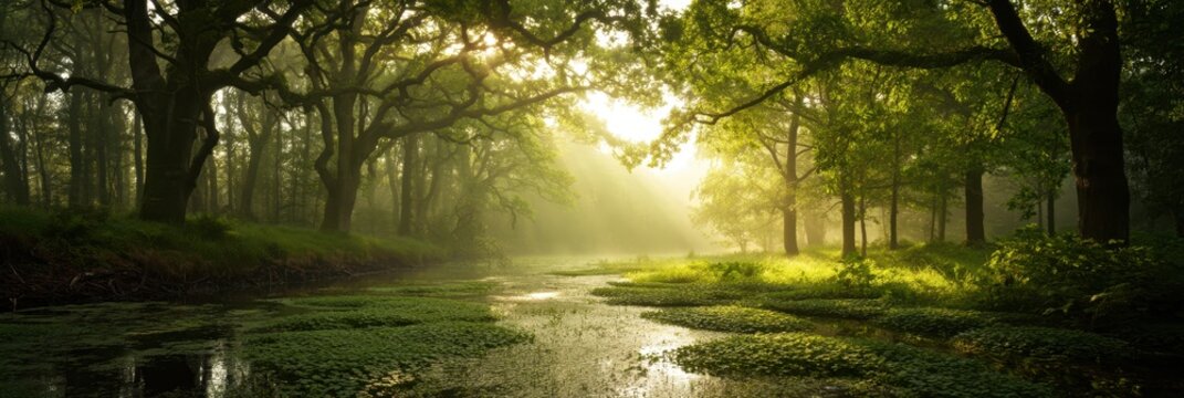 Sunlit oak forest stream background with dappled light and green foliage for banner and nature wallpaper featuring a tranquil woodland scene St. Patrick's Day