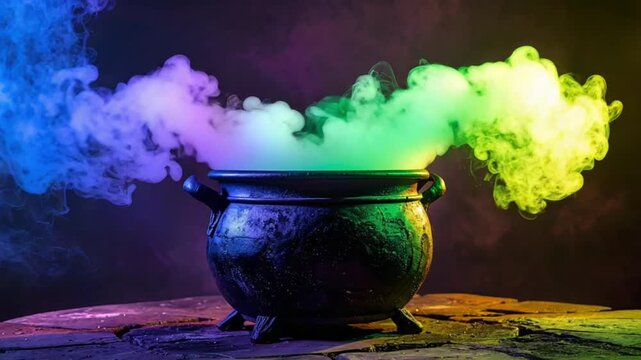 Mystical Cauldron Emitting Vibrant Smoke for Magic and Halloween Themes