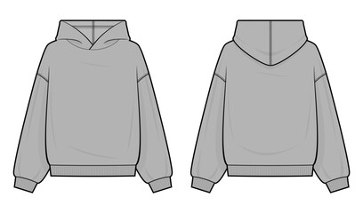 Light Gray Pullover Sweatshirt Technical Drawing. Hoodie Vector Template. Front and Back Views. Casual Streetwear CAD Mockup © aiven studio