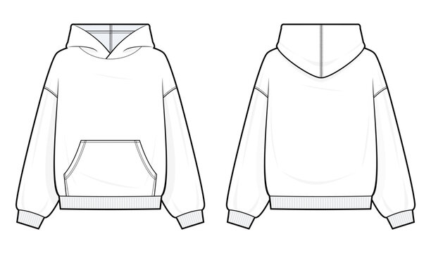 Oversized Pullover Hoodie with Kangaroo Pocket Technical Fashion Illustration. Blank White Hooded Sweatshirt Template. Front and Back View. Unisex CAD Mockup