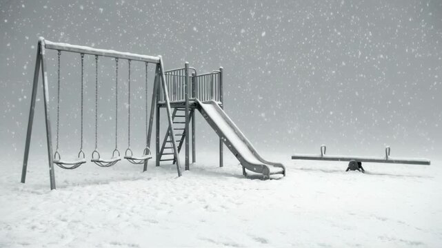 Snowy Playground Scene with Empty Swing Set and Slide in Quiet Winter Landscape.