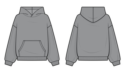 Basic Oversized Hooded Sweatshirt with Kangaroo Pocket Technical Fashion Illustration. Dark Gray Pullover Hoodie Vector Template. Front and Back View. Streetwear CAD Mockup © aiven studio