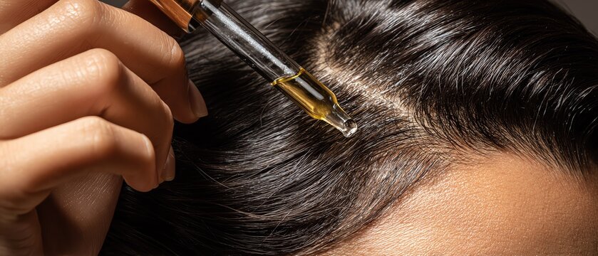 Applying hair oil for healthy scalp treatment.