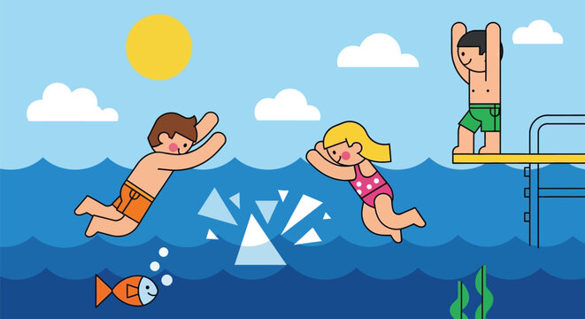 Summer fun, kids swimming, diving board, cartoon illustration, eps vector