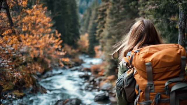 Woman hiker with backpack admires flowing stream in lush forest during a serene moment of outdoor exploration