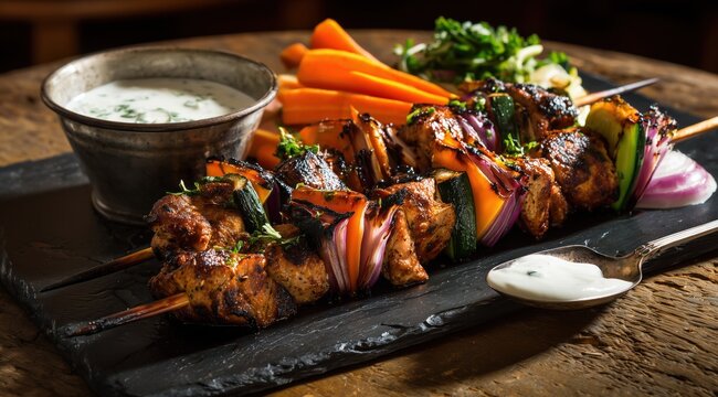Un plat rustique en ardoise sombre avec des brochettes de poulet fum&eacute; enfil&eacute;es sur des piques en bois, accompagn&eacute;es de carottes, de salade et d'une cr&egrave;me fra&icirc;che aux herbes.