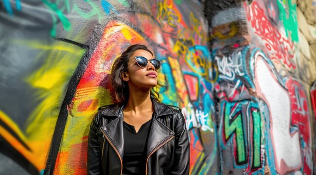 Une jeune femme portant des lunettes de soleil et un blouson en cuir adoss&eacute;e &agrave; un mur de graffitis aux couleurs vibrantes dans un environnement urbain, symbolisant un look tendance.