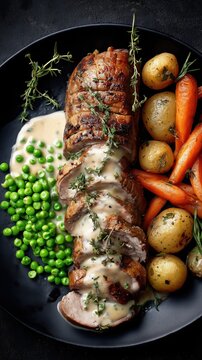 Un filet mignon de porc saisi et napp&eacute; d'une sauce &agrave; la cr&egrave;me servi sur une assiette noire, accompagn&eacute; de pommes de terre, de carottes et de petits pois frais, parsem&eacute; de thym, vue en plong&eacute;e.