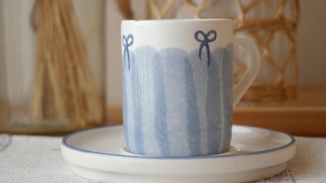 Close up of blue striped ceramic mug with bows on saucer, minimal background footage
