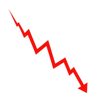 Red downward zigzag arrow trend graph on transparent background showing decline