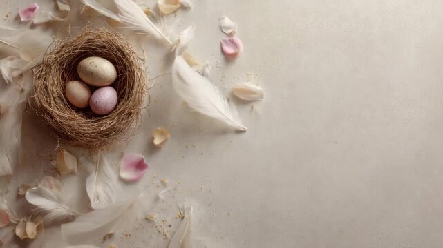 Easter nest with speckled eggs surrounded by white feathers and rose petals on a cream surface, gentle spring concept
