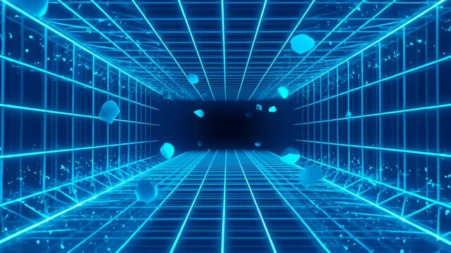 Neon grid tunnel with glowing blue lines and floating geometric shapes creating futuristic depth and energetic atmosphere digital corridor with spark particles and vanishing point perspective