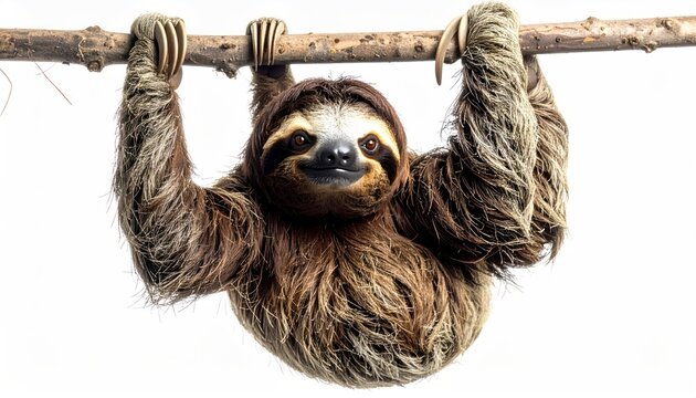 Adorable sloth hanging upside down from a branch on white.