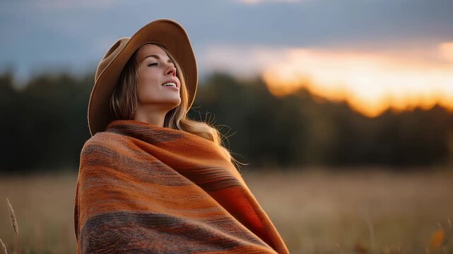 Woman in a poncho and hat enjoying nature at sunset to improve mental well-being in a serene outdoor setting
