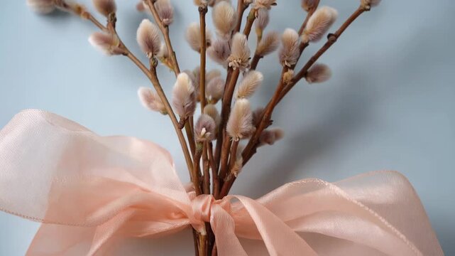  A delicate Easter bouquet of pussy willow branches tied with a soft peach silk ribbon on a pale blue background
