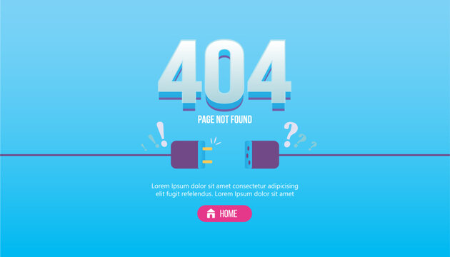 Vector illustration 404 error page not found banner. System error broken page display user interface or mockup or infographic. Disconnected wire or unplugged from outlet.  