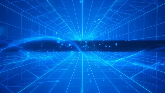 Neon blue tunnel grid electric arc crossing center, futuristic glowing corridor reflection and glowing waveform lines stretching toward distant horizon, digital perspective vanishing point cybernetic