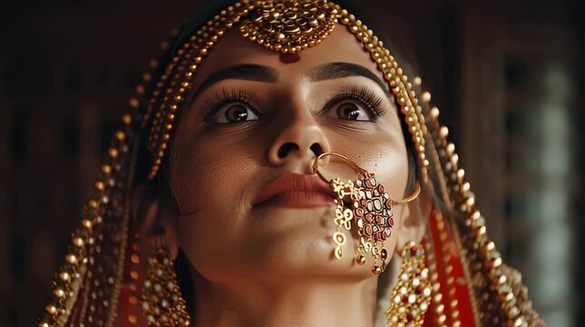 Enchanting portrait of an Indian bride adorned in exquisite traditional attire and sparkling gold jewelry, captured with an upward gaze