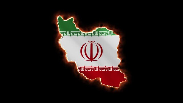 The Iranian flag is displayed against the backdrop of a map of Iran, framed by a line of fire. On a black background. The concept of a military conflict. 4K