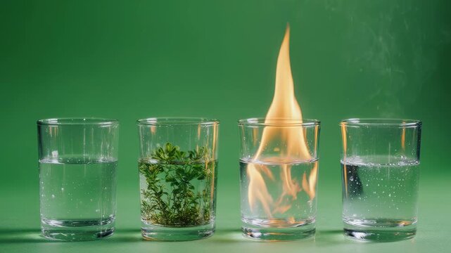 Four clear glasses in a row, each with different liquid properties&mdash;water, herbs, flammable burning liquid, effervescent bubbles&mdash;against green background, scientific demonstration of reactions.