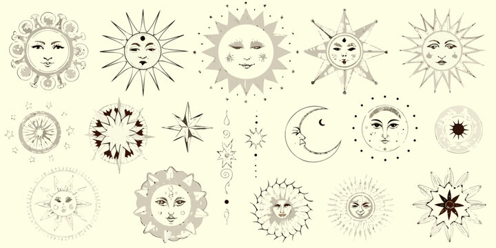 Vintage celestial sun and moon faces with decorative star elements