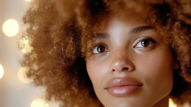 Person shows healthy skin with defined features. The setting has soft lights that illuminate their face. The focus is on natural beauty without makeup