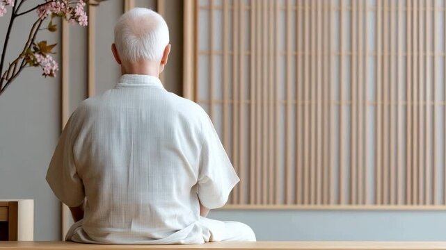 An elderly man sits quietly in a simple room with wooden walls. He appears deep in thought as he reflects on his life experiences. The space is minimal and calming