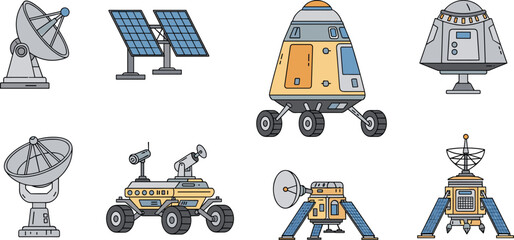 Space Exploration Equipment Icon Set with Satellite Dishes, Solar Panels, Mars Rover, Lander, and Space Capsule Vector Illustration Collection © Priyanka