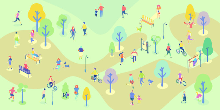 Isometric illustration of a vibrant park with diverse people enjoying activities