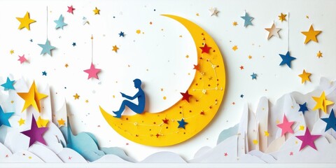 Fototapeta premium Papercraft scene depicts person sitting upon crescent moon. Stars surround, mountains below. Dreamlike, whimsical illustration.
