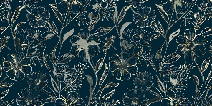 Elegant floral pattern featuring delicate wildflowers in shades of navy and gold