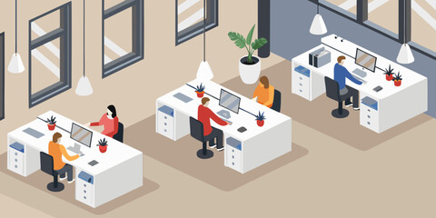 Obraz premium Isometric illustration of a modern office space with employees at desks