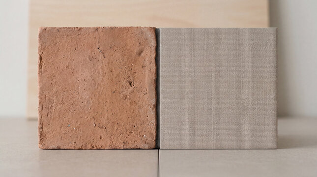 Organic clay block resting beside a soft woven textile square, a minimalist exploration of tactile surfaces