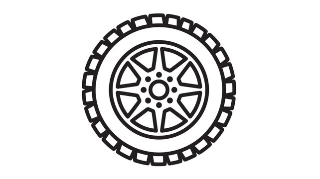 Car wheel icon with a black outline and a five-spoke rim and detailed tread pattern representing automotive parts.