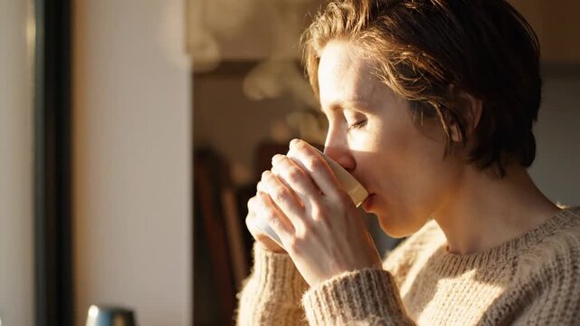 Woman holding coffee mug by window with morning light