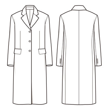 Mens long overcoat technical flat fashion sketch vector template illustration front and back view single breasted tailored loose fit minimal outerwear apparel CAD drawing design mockup concept
