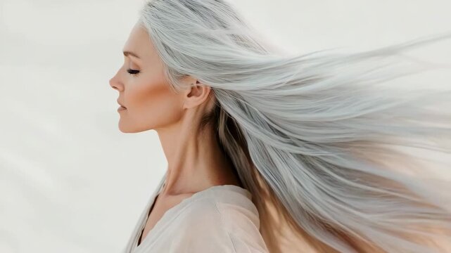 A minimalist woman with silver hair enjoys a quiet moment. She stands against a light background, letting her hair flow gently in the soft light