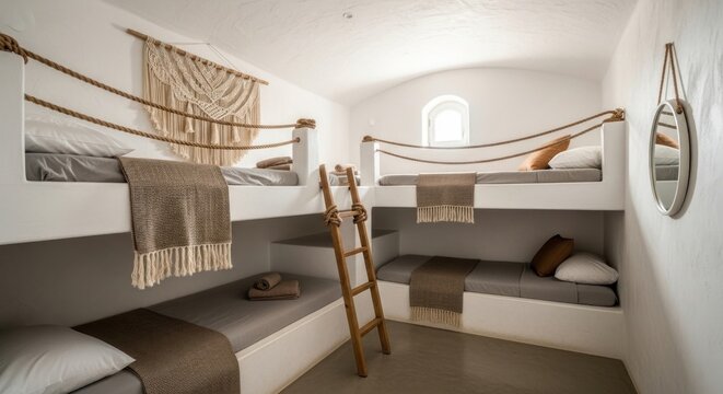 Minimalist Mediterranean shared bedroom with built-in beds and rustic decor.