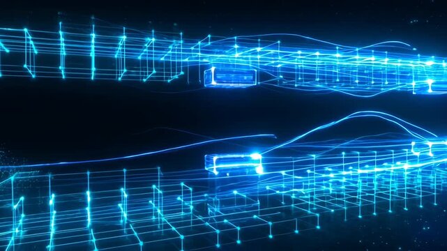 Neon blue data stream and glowing data nodes futuristic digital network grid with floating server nodes and neon blue stream motion conveying high speed network flow and cyber connectivity glowing