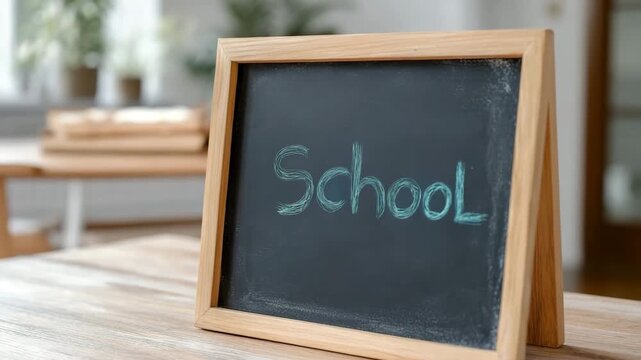 A group of students sits in a classroom with a chalkboard showing the word school. They engage in different subjects and activities while teachers assist them