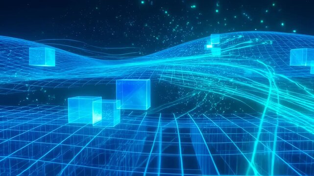 Glowing blue data cube grid with flowing wireframe wave and particle neon digital network. floating translucent cubes, glowing grid landscape, flowing data stream conveying futuristic motion