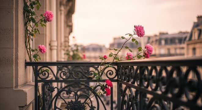 Pink roses bloom on an ornate wrought iron balcony overlooking a romantic cityscape.
