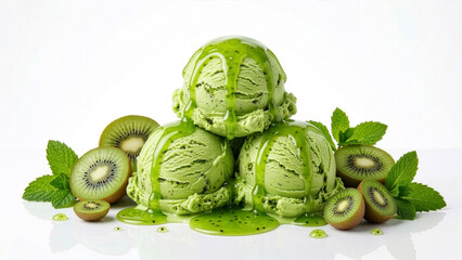 Fototapeta premium Three Scoops of Kiwi Ice Cream with Green Sauce Drip, Fresh Kiwi Slices and Mint Leaves on White Background Commercial Fruit Dessert Food Photography